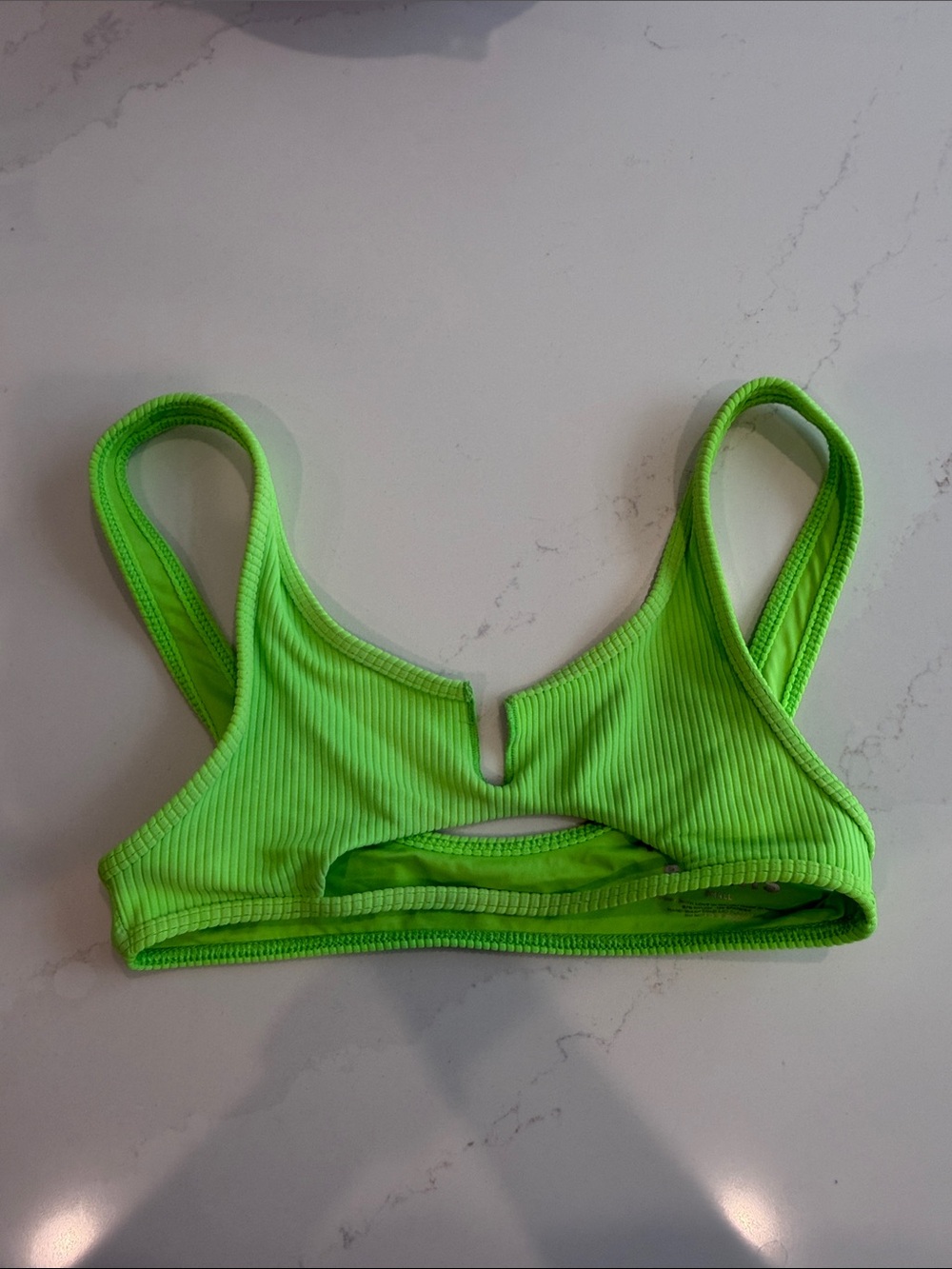 Frankie’s Bikinis Neon Green Ribbed Cole V-Notch Cutout Top - Women